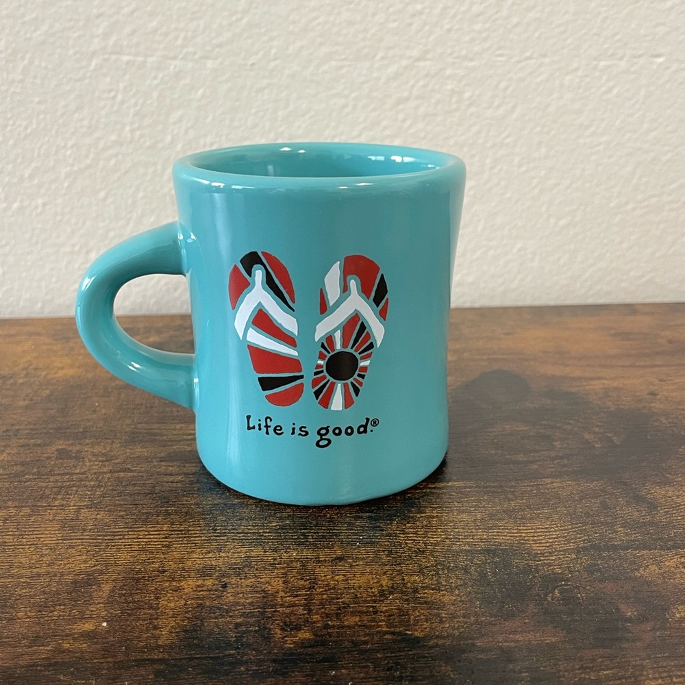 Life is Good Coffee Cup Mug | Diner Style | Flip Flops Sun Design | Turquoise